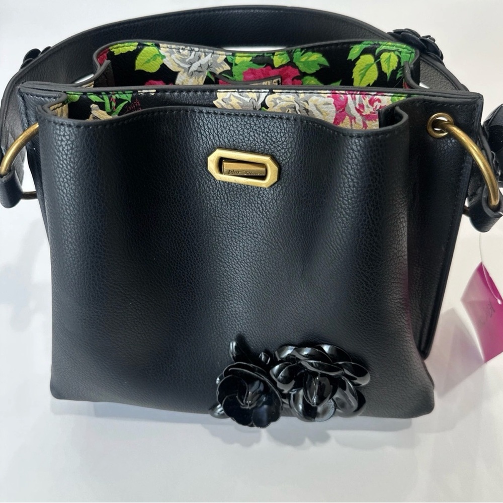 Betsey Johnson Black Tie Floral Bucket Triple Entry Small Satchel Crossbody Bag